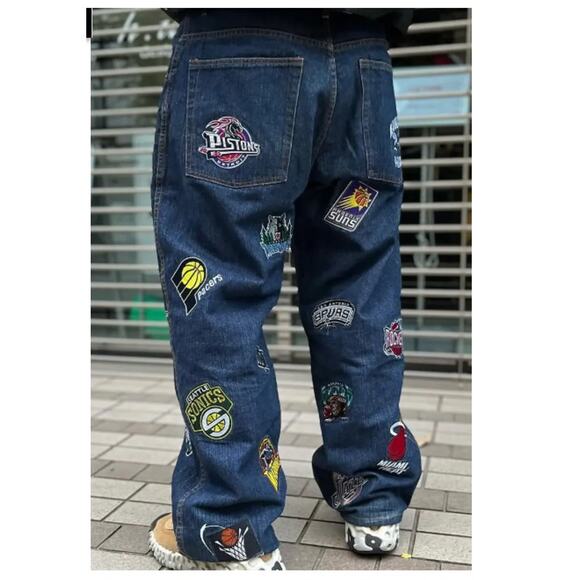 Vintage RARE Y2K Unk Denim NBA Jeans NBA Team Logo Patches Men Size 40 - Picture 12 of 13
